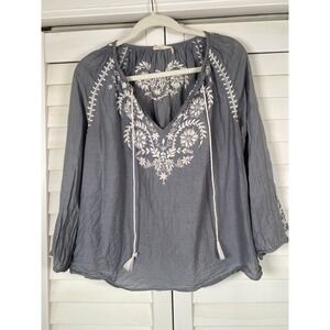Shop Latitude Embroidered Blue/Gray Peasant Top Cotton/Silk Boho Luxe | S/M
